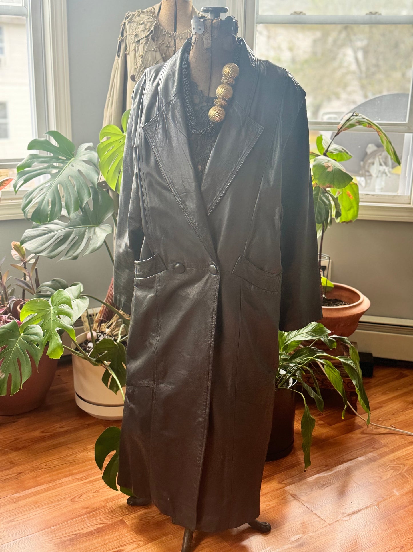 Vintage Black Leather Trench Coat