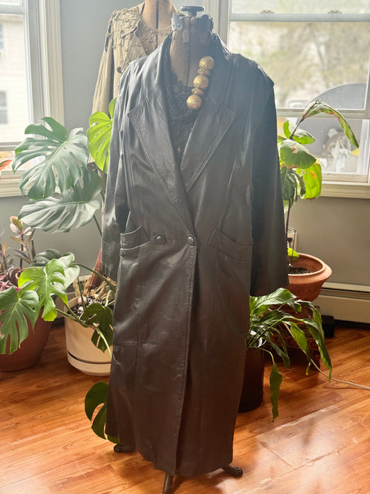 Vintage Black Leather Trench Coat