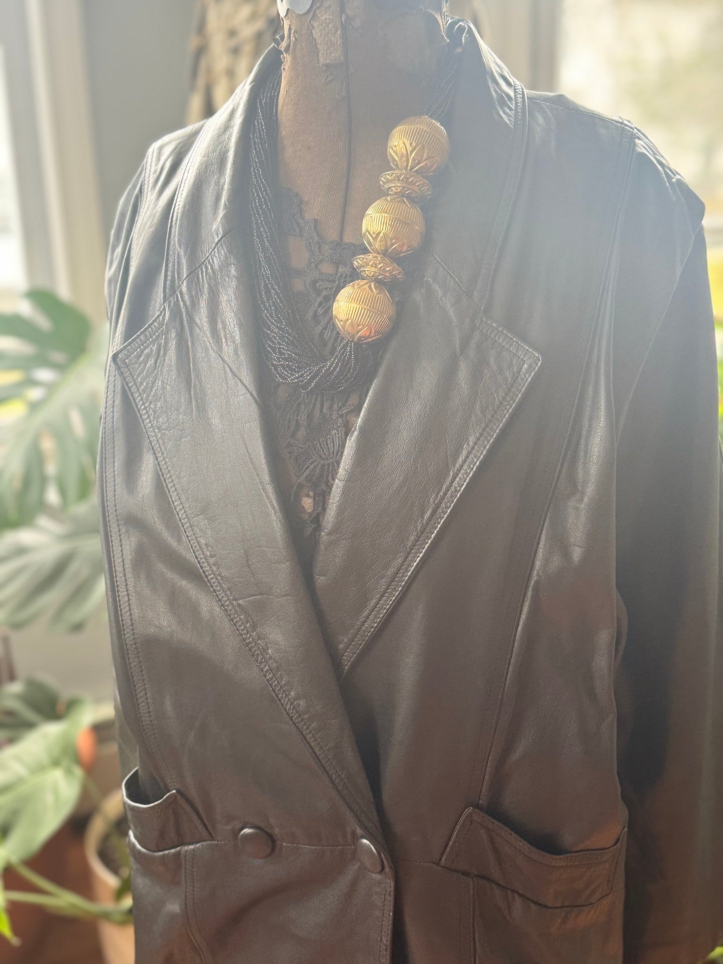 Vintage Black Leather Trench Coat